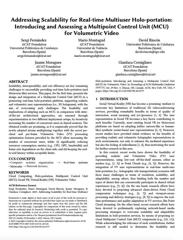 Addressing Scalability for Real-time Multiuser Holo-portation: Introducing and Assessing a Multipoint Control Unit (MCU) for Volumetric Video