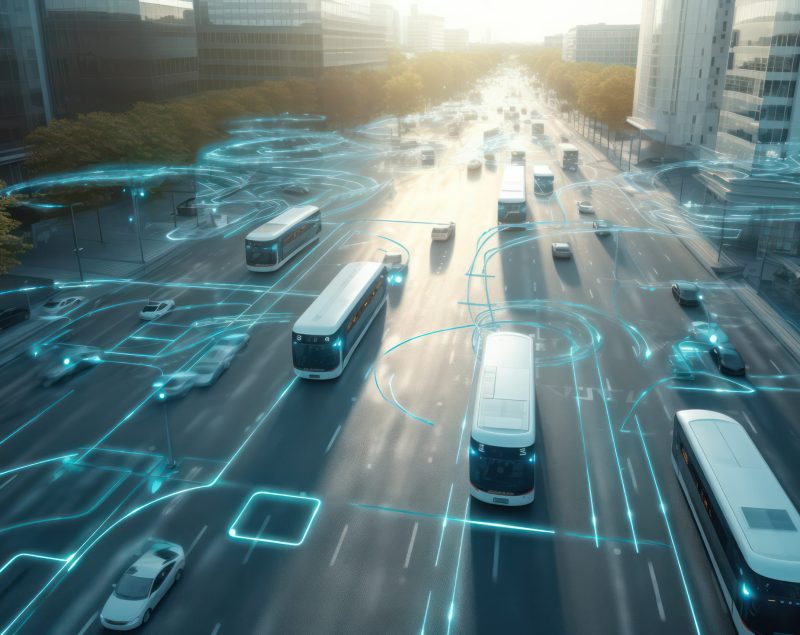 Overhead view of roads in a futuristic city with autonomous vehi